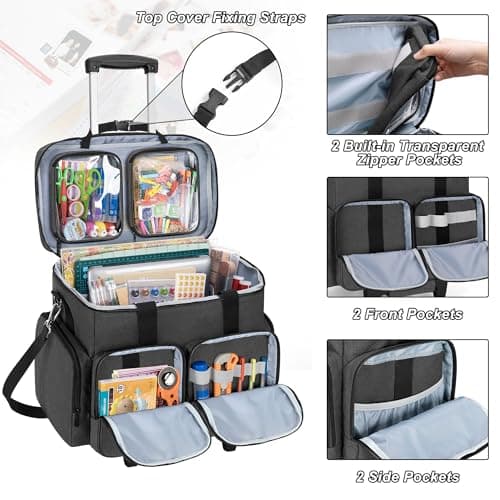 CURMIO Rolling Scrapbook Tote, Craft Bag on Wheels for Scrapbooking, Black — view 3