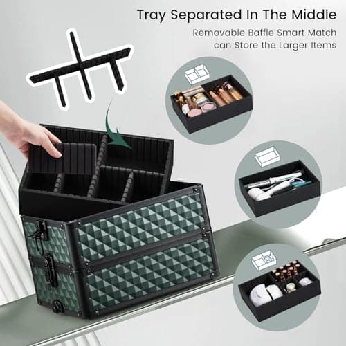 Professional 4-in-1 Large Makeup Trolley Beauty Cosmetics Vanity Organizer Rolling Make up Train Case Hairdressing Storage Box with Universal Wheels and Key Locks 4 Tiers (Dark Green) — view 6