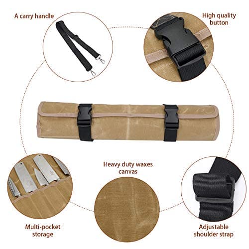 QEES Chefs Knife Roll Bag 11 Slots, Heavy Duty Waxed Canvas Knife Bag, Waterproof Knife Case for Camping, Hiking, Multi-function Tool Roll Bag (Khaki) — view 3
