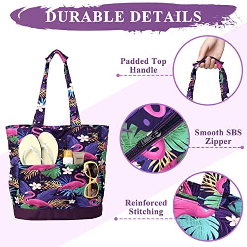 VASCHY Beach Bag, Water Resistant Large Women's Lightweight Foldable Summer Shoulder Bag with Zip and Multi-Pockets for Holidays, Travel, Beach, Pool, Shopping, Gym, 17.3 L, A-Flamingo purple, Taille — view 3