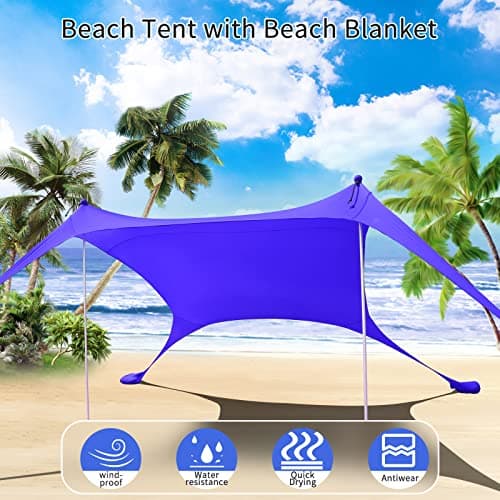 Cuupo Beach Tent Pop Up 2x2.1m UPF 50 Lycra Sun Shade Outdoor Anti-Wind Sun Protection with Stability Poles Backyard with Beach Blanket Royal Blue — view 2