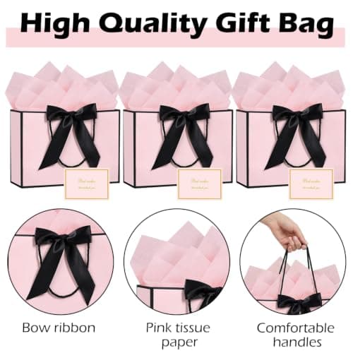SHUBEIEUMI 3Pcs Gift Bags 28x20x10cm, Paper Bags(Pink With Black Frame) — view 3