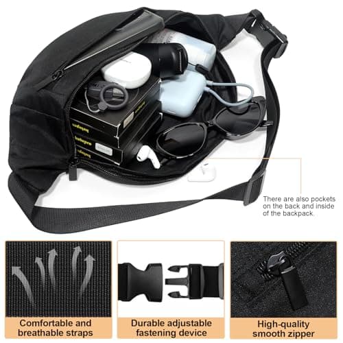 Bum Bag for Men Women, Waist Bag with Multiple Zipped Pockets and Adjustable Belt, Lightweight Fanny Pack for Running, Walking, Hiking, Travel, Festivals and Outdoor Sports, Black — view 2