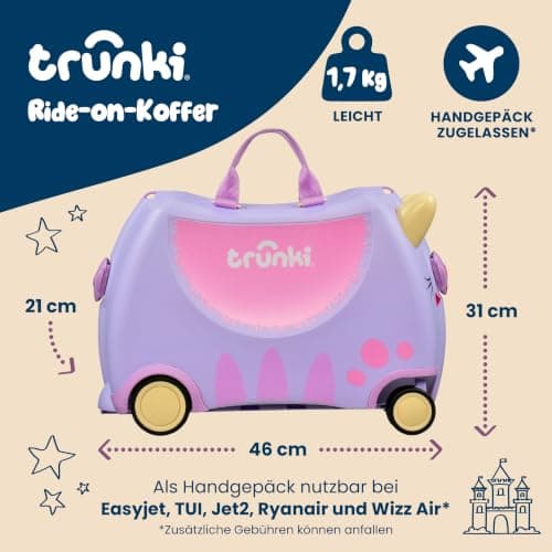 Trunki Ride-On Kids Suitcase with 360° Front Wheels - 17.6 L Hand Luggage Bag, Cabin Luggage with Wheels, Carry-on Approved Lightweight Kids Luggage with Tow Strap - Cassie the Cat, Purple — view 2