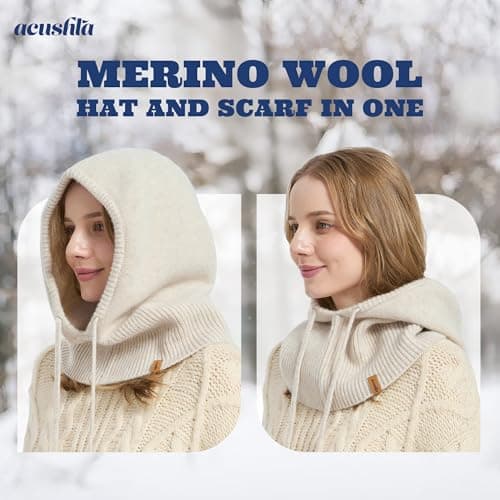 ACUSHLA Merino Wool Balaclava, Hooded Scarf Hat, Warm Winter Knit, Beige — view 4