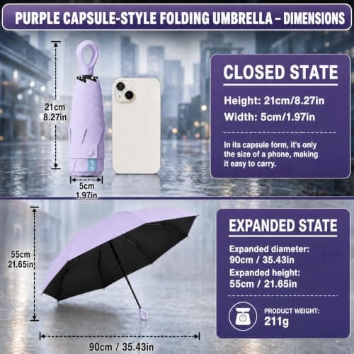 HUA JET Mini Umbrella for Women - UPF 50+ UV Protection, Sun & Rain Dual Use, Ultra-Compact Pocket Size, Lightweight Foldable Travel Umbrella with Case, Portable Shade for Beach, Commute (Purple) — view 2