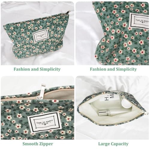 Aucuu Cosmetic Bags, 2 Pcs Small Floral Canvas Cosmetic Bag, Rose Flower Printing Corduroy Toiletry Bag, Multifunctional Travel Makeup Bag with Metal Zipper for Women Girls Gift-Pink&Green Flower — view 3