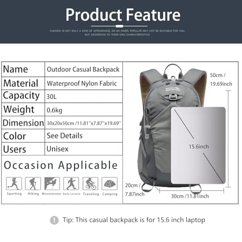 Lightweight Hiking Backpack, 30L Women/Men Waterproof Travel Rucksack Bag with Rain Cover, Outdoor Small Foldable Daypack for Student, Fit for 15.6 inch Laptop (Grey, 30L) — view 2