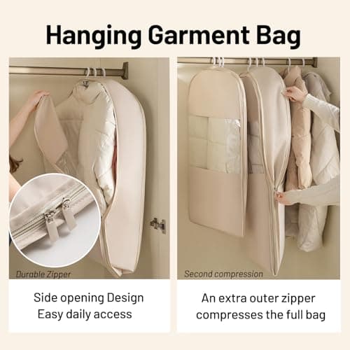 NatureNook Space Saving Hanging Compression Garment Bag with Zipper for Closet Storage, Hanging Clothes Storage Bag, Garment Covers for Coats and Down Jackets, Beige, M — view 4
