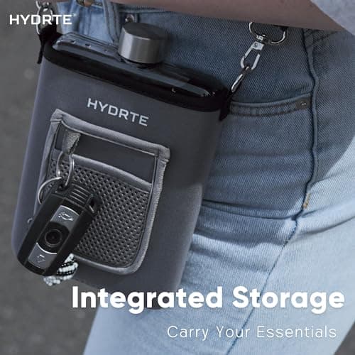 Hydrte Travel Mini Water Bottle with Strap & Sleeve – 500ml BPA-Free Slim Flat Reusable Water Bottle, Leak Proof (Slate Grey) — view 5