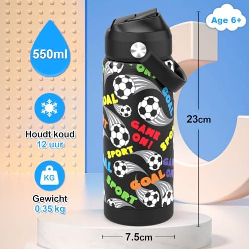 ntskood Boys Soccer Water Bottle for School，Kids 18 oz Insulated Stainless Steel Cup with Straw, Double-Wall Vacuum Leakproof — view 2