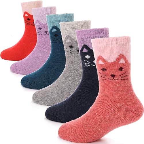 ANTSANG Kids Merino Wool Walking Socks for Toddlers Boys Girls Winter Hiking Thick Warm Heavy Thermal Cosy Crew Boot Cabin Gift Socks 6 Pairs(Little Cat,1-3 Y)