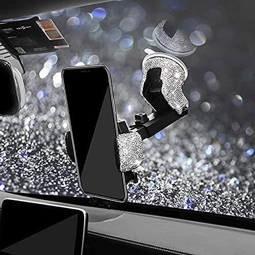Bling Car Phone Mount Holder,Shiny Crystal Rhinestone Phone Stand for Women and Girls, Car Accessories for Windshield Dashboard,Compatible with Most Cellphones (White) — view 3