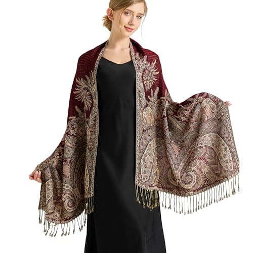 vimate Rave Pashmina Shawls and Wraps-Soft Silky Burgundy Jacquard Evening Paisley Pashmina Scarves for Women Winter(UK-Style 2-Burgundy)