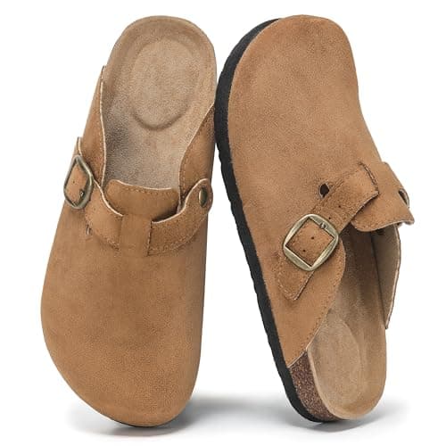 Polar Women’s Slip-On Clogs with Cork Footbed, Faux Suede Upper and Adjustable Strap, Comfortable Indoor Outdoor Casual Shoes - Tan 5 UK