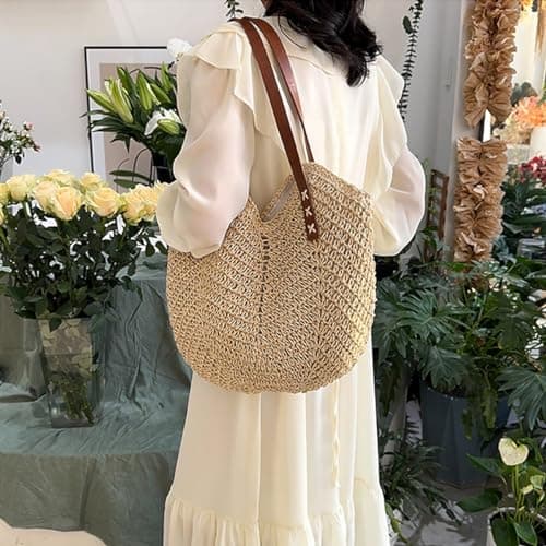 Straw Beach Bag for Women, Summer Straw Tote Bag Handbag with Zip Leather Handles, Retro Handmade Boho Casual Woven Travel Holiday Shoulder Bags for Beach Vacation Outdoor Shopping Daily Use (Beige) — view 2