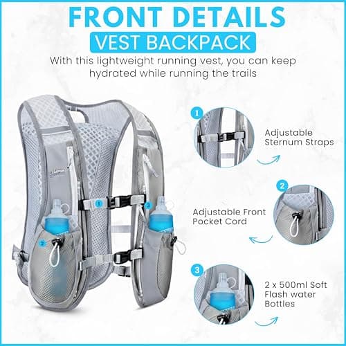 Running Vest Backpack - Lightweight Breathable Reflective Running Vest for Women & Men - Adjustable Straps of Hydration Vest Pack for Cycling & Running, Hiking Vest with 7 Pockets & 2 Water Bottles — view 3