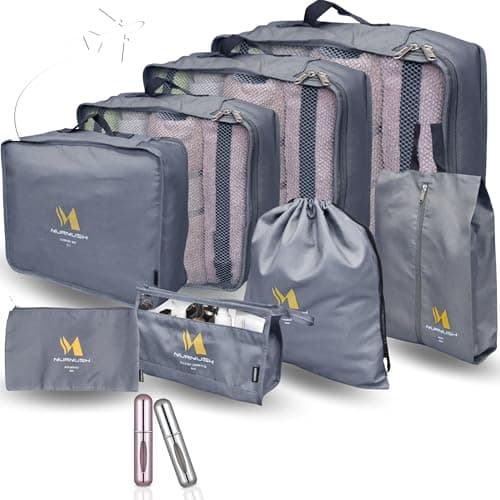 Murmush Grey Packing Cubes for Suitcases [8-Pcs + 2 Perfume Atomizers], Eco-Friendly Travel Organiser Bags with YKK Zips, Durable 300D Oxford Fabric, Suitcase & Backpack Packing Cube Set