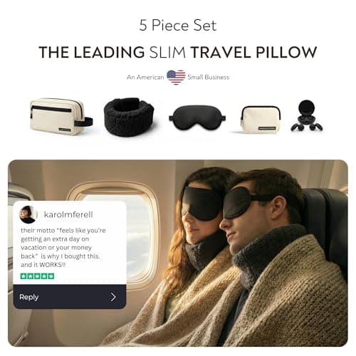 Slim Travel Neck Pillow for Long Flights, 360° Memory Foam Support Travel Neck Pillow with Premium Airplane Comfort Essentials 5pc Set, Best for Sleeping on Airplanes, Cars, Trains | Compact Bag — view 2