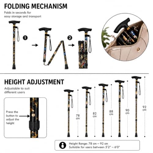 Folding Walking Stick Adjustable Cane Black Walking Sticks For Arthritis Disabled Elderly Senior Extendable Folding Cane Lightweight With Ergonomic Handle Wrist Strap Portable Folding Mobility Aid — view 5