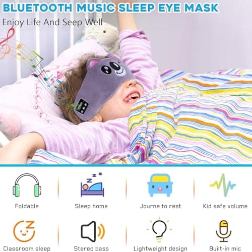 Bluetooth Sleep Mask, CestMall Sleep Eye Mask with Wireless Headphones Blackout Sleep Headphones Headband Music Sleeping Bluetooth Headband Birthday X-mas Gift for Children Boy Girl Travel Nap (Grey) — view 2