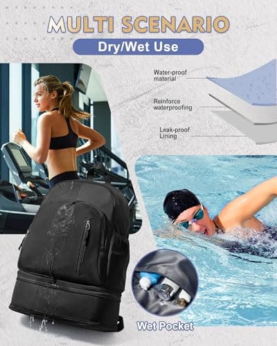 VENATIN Gym Backpack for Women Men,Lightweight Gym Bag with Shoes Compartment & Wet Pocket, Waterproof Backpack swimming bag Sports Travel Casual Daypack,Black — view 6