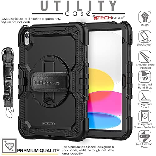 TECHGEAR UTILITY Case for iPad 11" A16 (11th Gen 2025) & 10.9" (10th 2022), Rugged Heavy Duty Shockproof Cover Screen Protection, 360 Stand, Hand & Shoulder Strap - for Work, School, Travel etc- Black — view 3