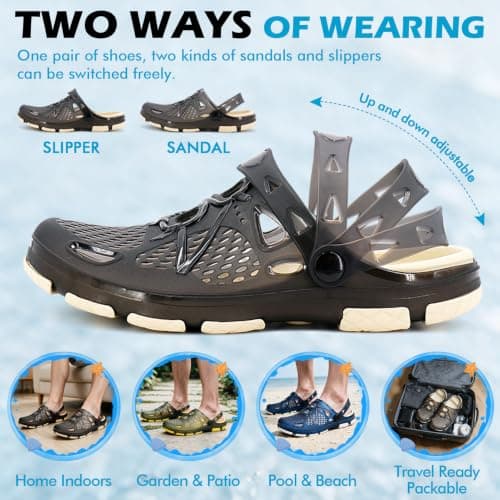 beister Mens Clogs Non Slip Water Shoes with Adjustable Strap, Lightweight Slip on Mules Garden Kitchen Outdoor Beach Yard Pool Shower Summer Sandals Slippers Black Beige — view 2