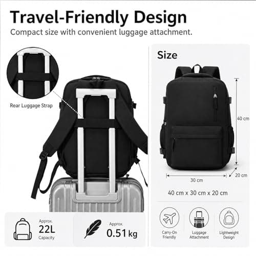 Treer Ryanair Cabin Bags 40x30x20cm Underseat Travel Backpack Cabin Bag Carry on Water Resistant Hand Luggage for Airplanes, Multiple Pockets Rucksack for Men and Women (Black,40x30x20cm) — view 3