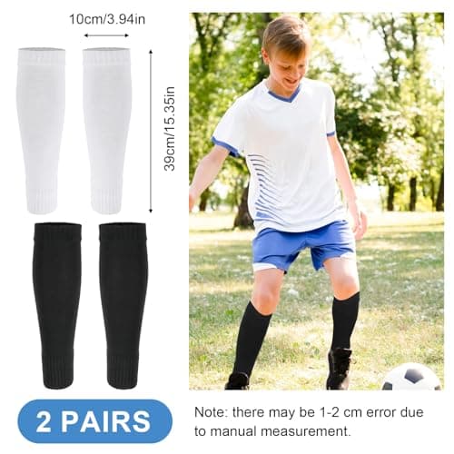 Tyqour 2 Pairs Football Sock Sleeve for Youth Boys Footless Football Socks Shin Compression Leg Sleeves for Shin Guard Sleeves for Age 7-14 Children Basketball Training (White, Black) — view 2