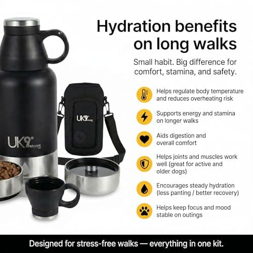 UK9 6-in-1 Dog Water Bottle | Portable 32oz Stainless Steel Travel Bottle with Water Bowl, Snack Bowl, Poo Bag Dispenser, Cup & Carry Bag | Dog Walking Accessories Kit — view 4