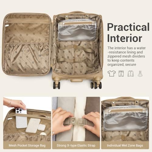 M Cabin Suitcase Lightweight Carry-on Luggage with 4 Spinner Wheels, Soft Small Travel Hand Luggage with PVC Wet/Dry Pockets, Soft Personal Item Suitcase for Women, Khaki — view 5