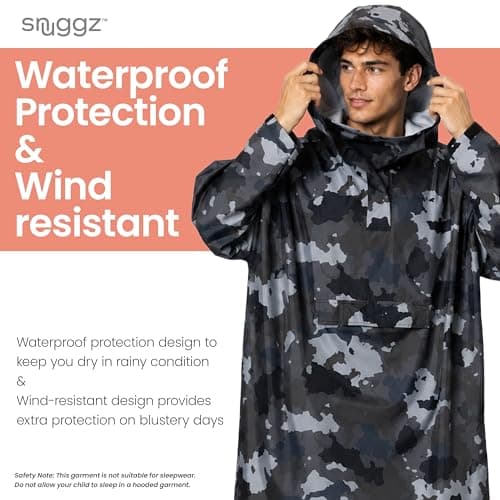 Snuggz Adult Grey Camo Rain Poncho, Lightweight Waterproof Hooded Rain Coat — view 5