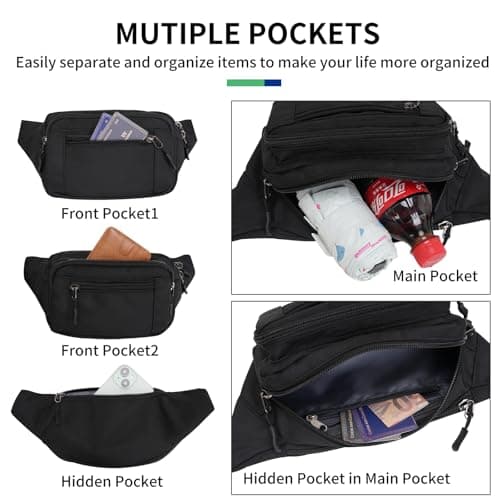 Bumbag Waist Bag Women Ladies Men Waterproof Running Fanny Pack Adjustable Bum Bag with Multi Pockets for Travel Hiking Dog Walking Cycling Camping (Black) — view 2