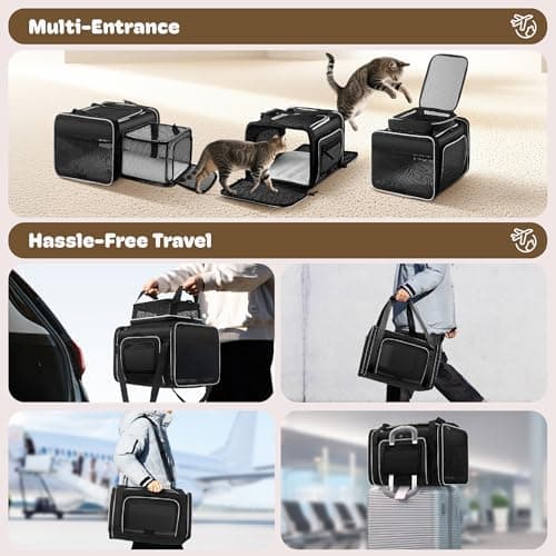 Top and 2 Sides Expandable Pet Carrier 17x11x9.5,TSA Airline Approved Small Dog Carriers for Small Dogs,Soft-Sided Cat Carrier with Self-Locking Zippers for Kitten,Rabbit,Puppy,Guinea Pig Black White — view 6