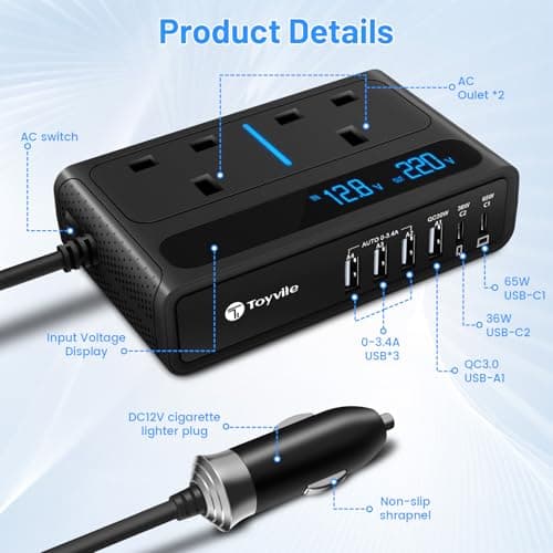 200W Car Power Inverter 12V to 240V / 230V with 2 Sockets, 4 USB Ports and 2 Type-C Ports,Fast Charging Car Voltage Converter Inverter,with Cigarette Lighter Plug,Suitable for Laptops, iPads (CV01) — view 2