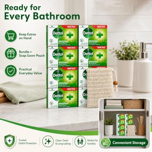 Dettol Soap Original Antibacterial Bar - 4 Twin Pack, 8 x 100g Antibacterial Hand & Body Soap Bar – Disinfects and Kills 99.99% of Germs, Ideal for Handwashing and Cleansing — view 2