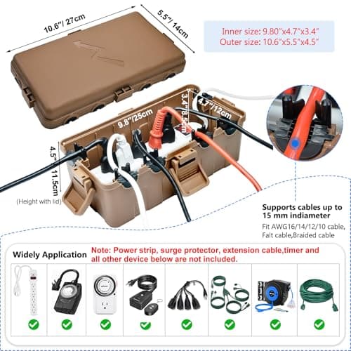 Hrensaw Medium Outdoor Electrical Box(10.6x5.5x4.5inch),IP54 Waterproof Extension Cord Cover w/6 Cable Entry,Weatherproof Connection Box Protect Power Strip,Timer,Plug,Holiday Lights,Brown — view 2