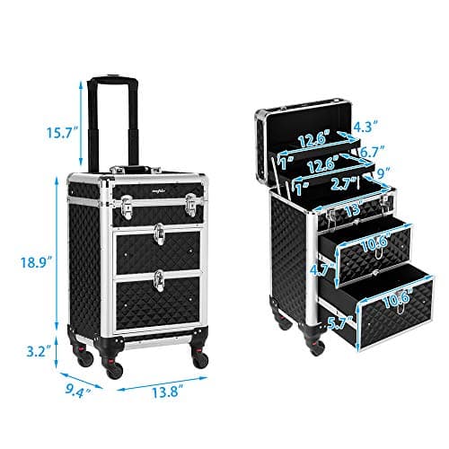 Bonnlo Aluminum Rolling Makeup Train Case, Portable Makeup Organizer Suitcase, Cosmetic Storage Box, Travel Beauty Luggage Trolley Lockable w/4 Removable Wheels & 2 Sliding Drawers -Black — view 2