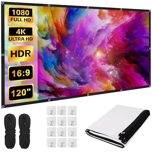 Huiguli Projector Screen 120 Inch, 16:9 HD 4K Foldable Anti-Crease Movie Screen, Portable Projection Screen Outdoor Indoor, Washable White Movie Screen for Home Theater, School, Meetings, Camping