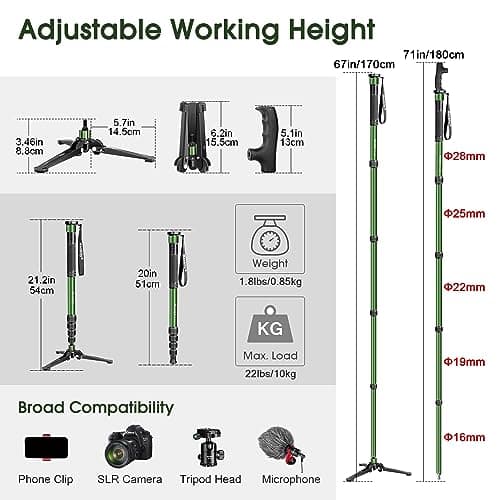 Manbily Monopods for Cameras 71-in with Feet, Walking Stick Stand 180cm Camera Monopod Mount Aluminum Lightweight with Tripod Base 5 Sections Max 22lbs For Travel DSLR Canon Nikon Sony Video Camcorder — view 6