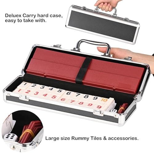 Doublefan Rummy Game Set Large Size With 106 Tiles And Four 2 Tier Playing Racks in Aluminum Case, Rummy Cube Games Set Travel/Camping Choice (2-6 Players) — view 5