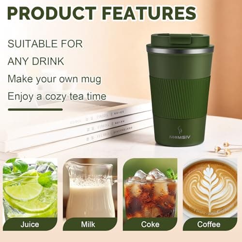 MOMSIV Coffee Cup, Insulated Coffee Cup with Leakproof Lid, Non-Slip Vacuum Reusable Stainless Steel Eco-Friendly Travel Office Mug for Hot and Cold Water Coffee and Tea, 380ml/13oz(ArmyGreen) — view 4