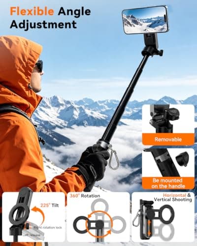 CloudValley Mini Selfie Stick Tripod with 2 Fill Lights, 4 in 1 Pocket Phone Tripod with 360° Rotation, Detachable Bluetooth Remote Control, Foldable Handle Grip, Compatible with iPhone/Android — view 3