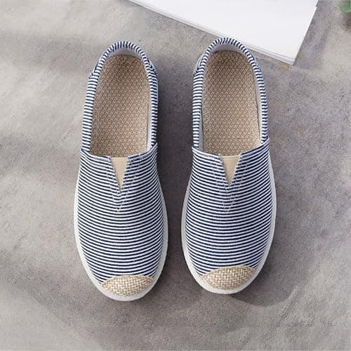Womens Stripe Canvas Slip-on Trainers Ladies Casual Flat Pumps Lightweight & Breathable Summer Shoes Non-Slip Comfort Wide Fit Walking Sneakers for Outdoor Travel (Blue, 5.5) — view 2
