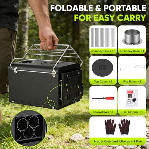 Foldable Hot Tent Stove with 5 Chimney Pipes, Viewing Window, Gloves & Poker - Portable Carbon Steel Wood Burning Camping Stove for Outdoor Cooking and Heating (20x30cm Folded) — view 2