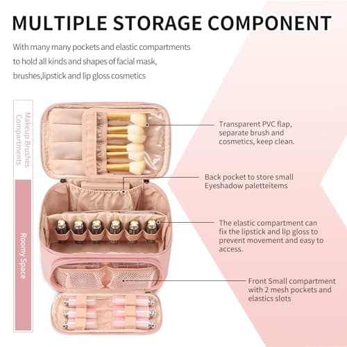 Large Makeup Bag Travel Cosmetic Bag with Makeup Brushes Compartment Pink — view 3