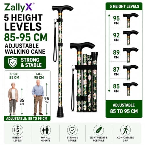 ZallyX Foldable Walking Sticks for Men & Women, Adjustable height (85–95cm) Ladies Walking Stick, Mobility aids, Collapsible walking stick For Elderly Adults (Green Flower) — view 6