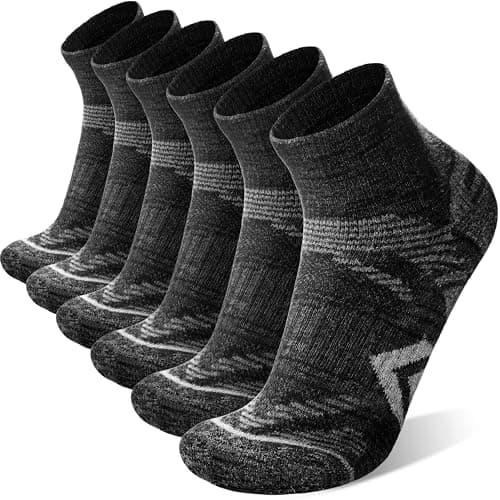ANTSANG 6 Pairs Merino Wool Quarter Socks Running Walking Hiking Compression Support Breathable Thermal Warm Thick Cushion Ankle Unisex Socks for Women Men(7-11, Black Series)