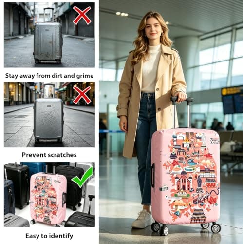 Guerity Elastic Travel Luggage Cover, Washable Luggage Covers for Suitcase, Travel Trolley Case Cover Suitcase Protector for 18-32 Inch (Pink Travel, L (26-28 inch Luggage)) — view 3